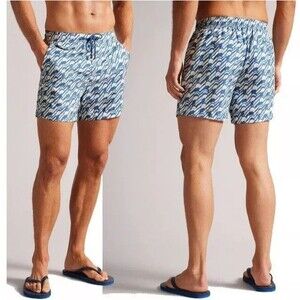Ted Baker Mens Swim Shorts Size 5 (L) Blue Floral Print‎ Mesh Lined Drawstring